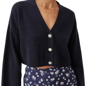 Reformational Navy Wool Cropped Cardigan